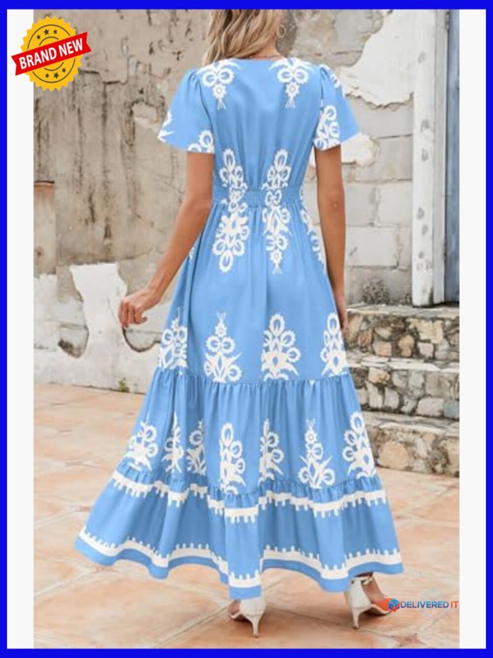 Boho Maxi Dress with Pockets Tiered Bell Sleeve - Picture 2 of 7